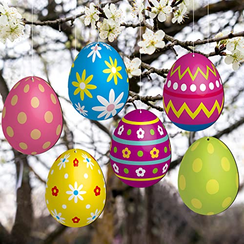 Threan 6 Pieces Easter Egg Outdoor Decoration 79 Inch Wooden Egg Hanging Ornaments Double Sided Large Colorful Easter Yard Signs for Tree Porch Yard Party Decor - Image 1