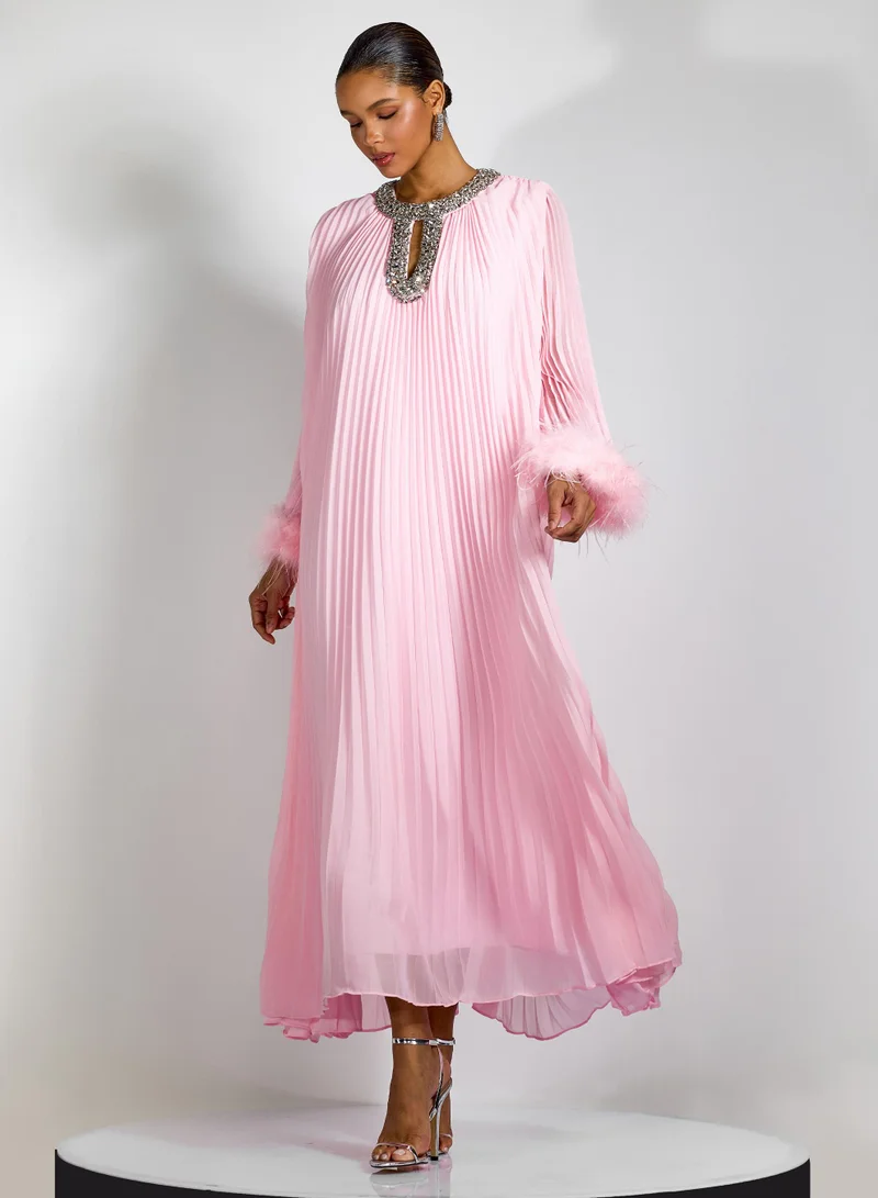 Sunfere Yvonne Diamante Feathered Pleated Maxi Chiffon Dress
