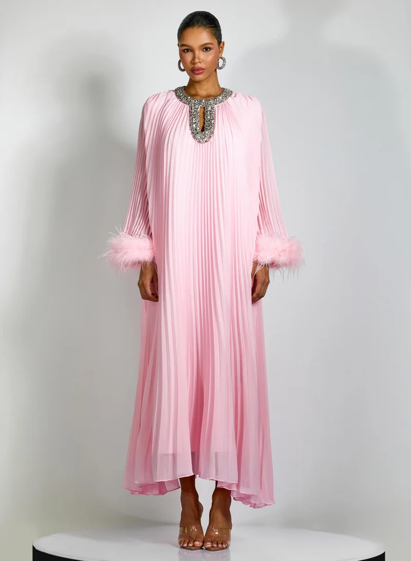 Yvonne Diamante Feathered Pleated Maxi Chiffon Dress