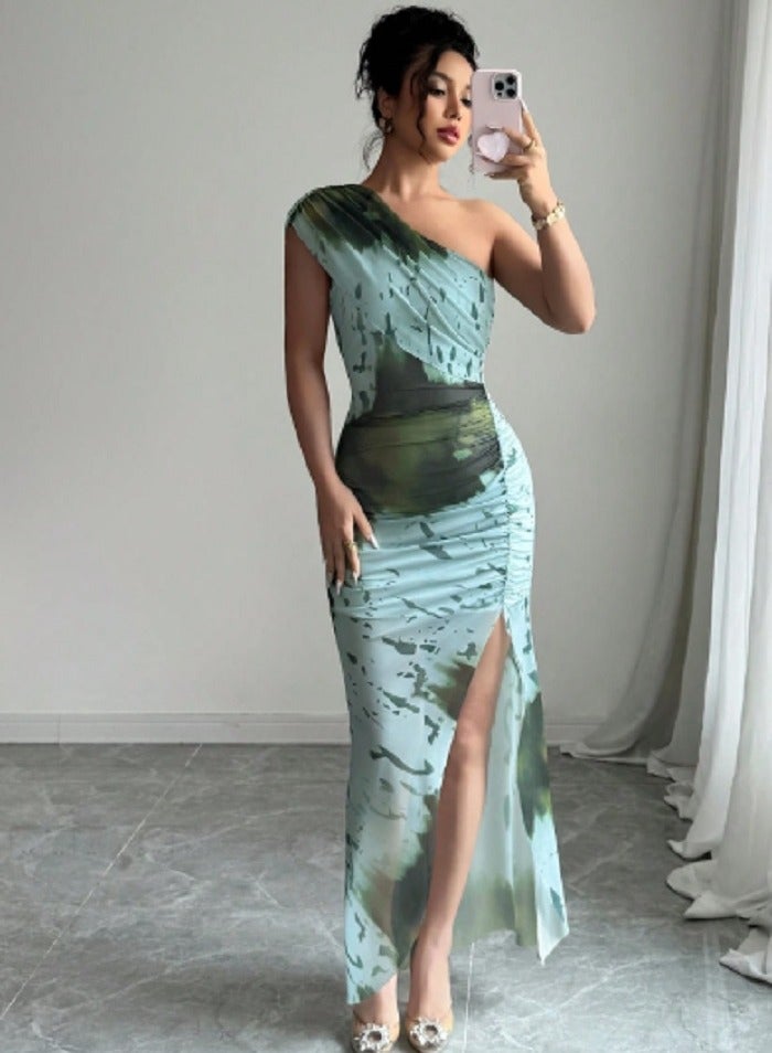 SHEIN Spandex Printed Skew-Neck Slit Hem Women's Dress - Image 1