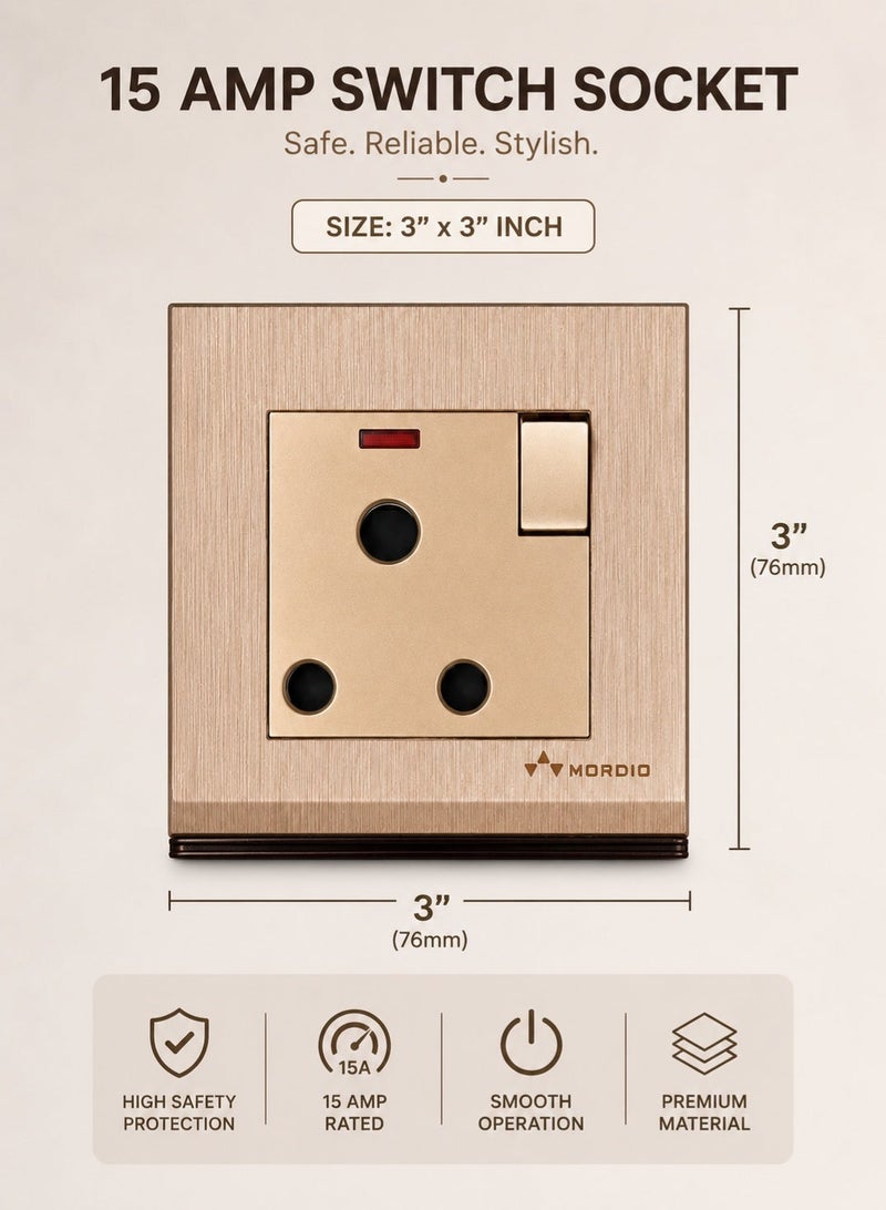 15 AP Switch Socket with Indicator | Premium Wall Power Outlet | Heavy Duty 15 Amp Electrical Socket | Flame-Resistant PC Material | Modular Switch & Socket for Home, Kitchen & Office | Champagne Gold - Image 2