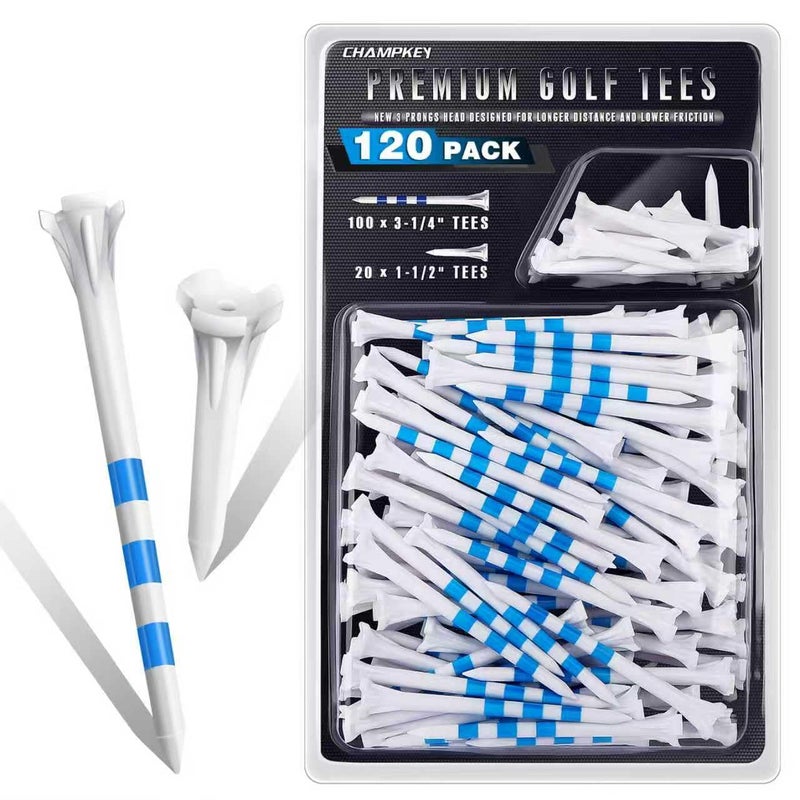 Champkey CHAHMPKEY Premium 3-Prong Plastic Golf Tees 3-1/4" 120 or 100 Pack- 40% Reduced Ball Contact with High Stability and Long Distance Performance Golf Tees Plastic(120 Assorted Pack - 3-1/4") - Image 1