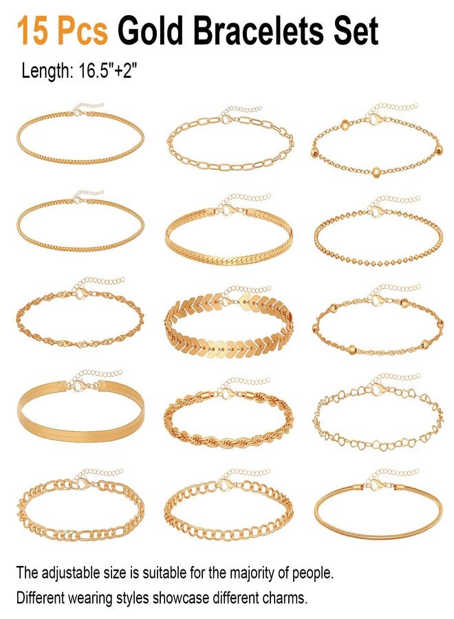 Sdfvsdg 15PCS Gold Bracelets for Women Dainty Bracelets Stack Set Trendy Gold Stackable Cuban Link Paperclip Chain Bracelet Pack Adjustable Jewelry Set for Gifts - Image 2