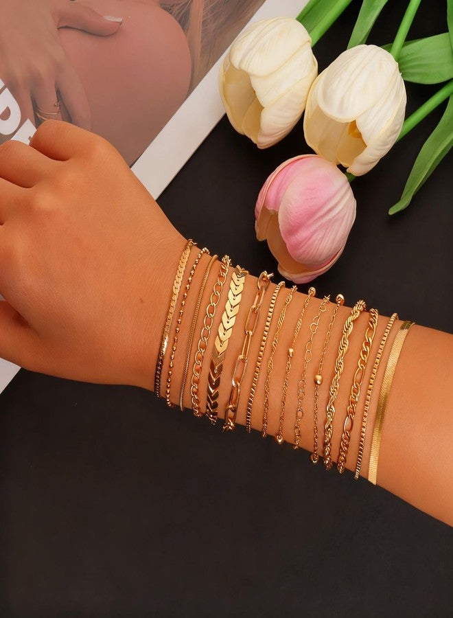 Sdfvsdg 15PCS Gold Bracelets for Women Dainty Bracelets Stack Set Trendy Gold Stackable Cuban Link Paperclip Chain Bracelet Pack Adjustable Jewelry Set for Gifts - Image 4