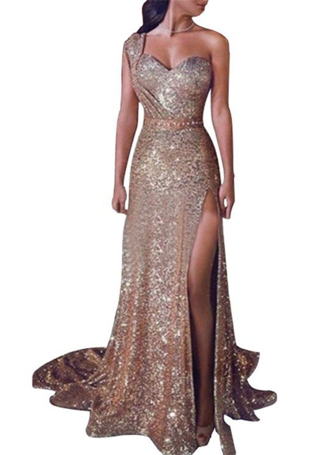 عام موضة رقيقة: فستان صيفي ذو أربطة على العنق - فستان مساء طويل واحد الكتف مع لون ذهبي جذاب للنساء - Image 1