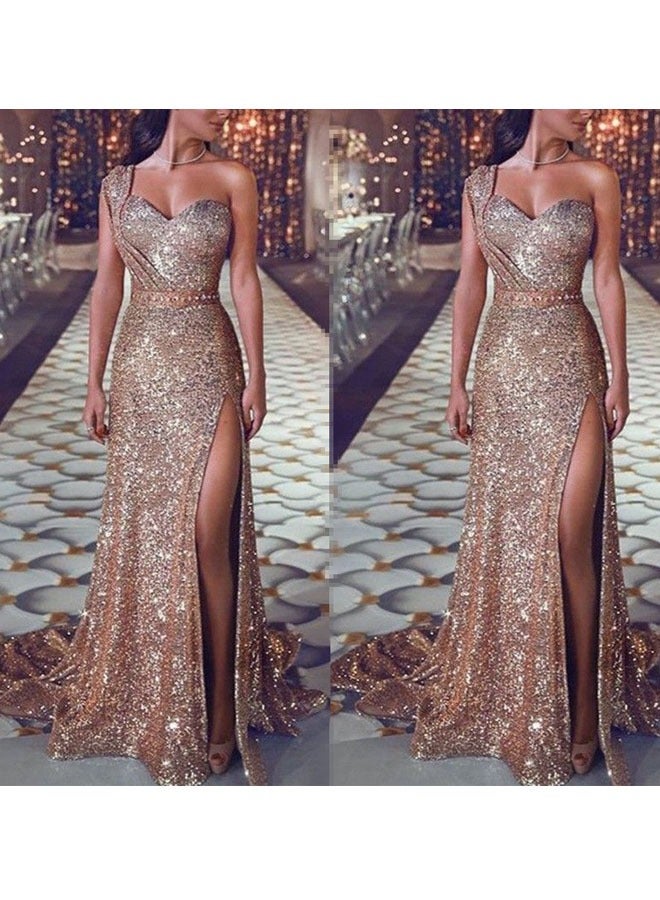 عام موضة رقيقة: فستان صيفي ذو أربطة على العنق - فستان مساء طويل واحد الكتف مع لون ذهبي جذاب للنساء - Image 2