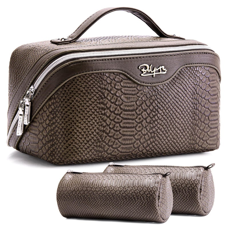 BOYATU Travel Makeup Bags for Women 3 Pcs Set Wide Open Cosmetic Bag Portable Make up Bags with Handle Vegan Leather Toiletry Organizer Bag with Divider G03Coffee - Image 2