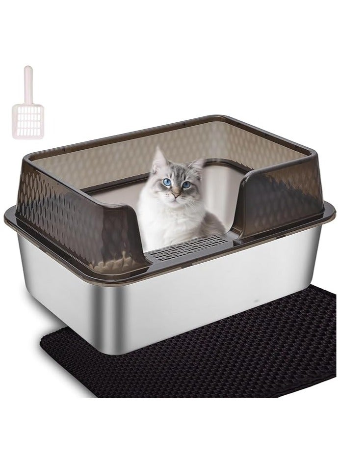 صندوق قمامة قطط معدني عالي الجوانب ومغلق من الفولاذ المقاوم للصدأ مع غطاء ومغرفة وحصائر للقطط الصغيرة أو القطط المتوسطة، صندوق قمامة قطط شفاف أسود سهل التنظيف - Image 1