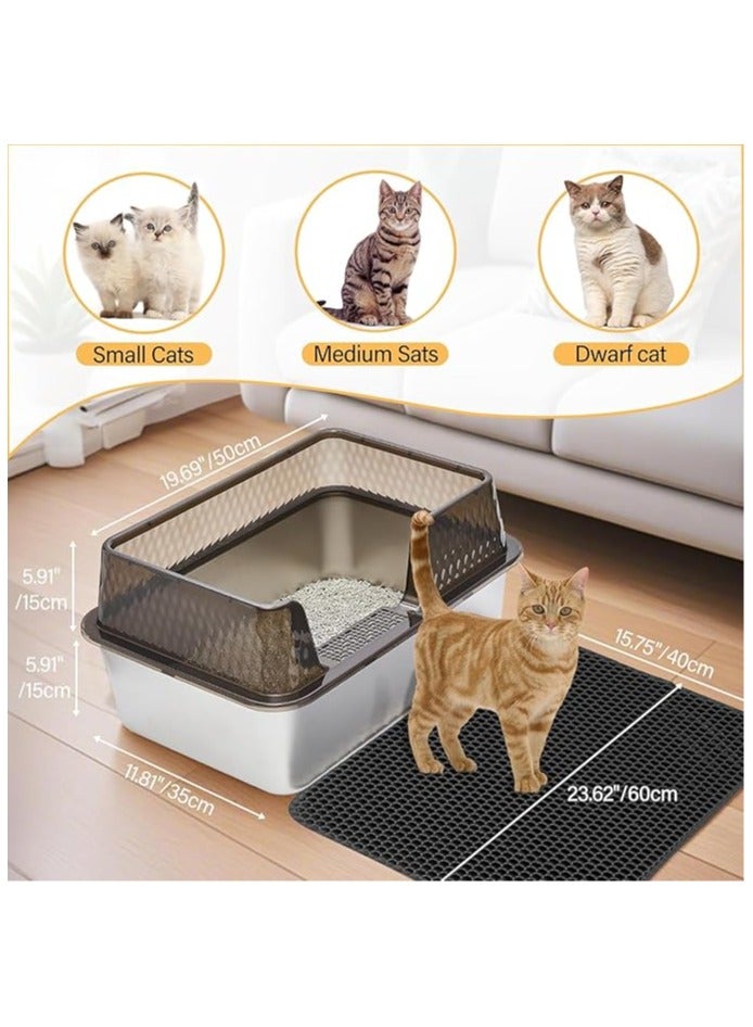 صندوق قمامة قطط معدني عالي الجوانب ومغلق من الفولاذ المقاوم للصدأ مع غطاء ومغرفة وحصائر للقطط الصغيرة أو القطط المتوسطة، صندوق قمامة قطط شفاف أسود سهل التنظيف - Image 2