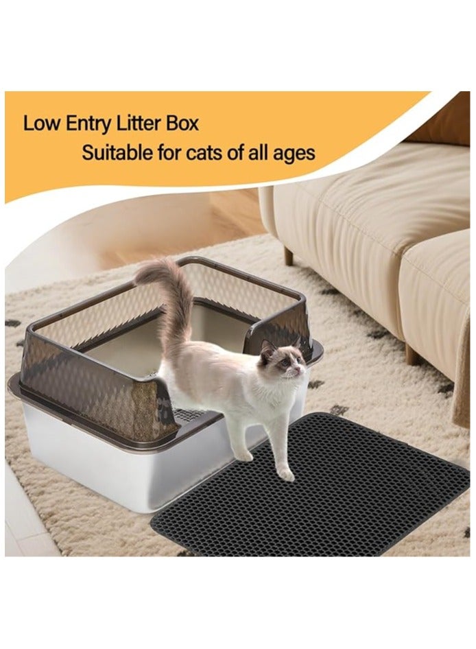 صندوق قمامة قطط معدني عالي الجوانب ومغلق من الفولاذ المقاوم للصدأ مع غطاء ومغرفة وحصائر للقطط الصغيرة أو القطط المتوسطة، صندوق قمامة قطط شفاف أسود سهل التنظيف - Image 3