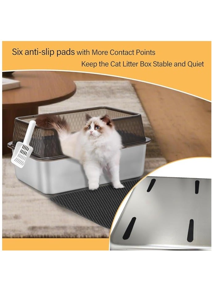 صندوق قمامة قطط معدني عالي الجوانب ومغلق من الفولاذ المقاوم للصدأ مع غطاء ومغرفة وحصائر للقطط الصغيرة أو القطط المتوسطة، صندوق قمامة قطط شفاف أسود سهل التنظيف - Image 4