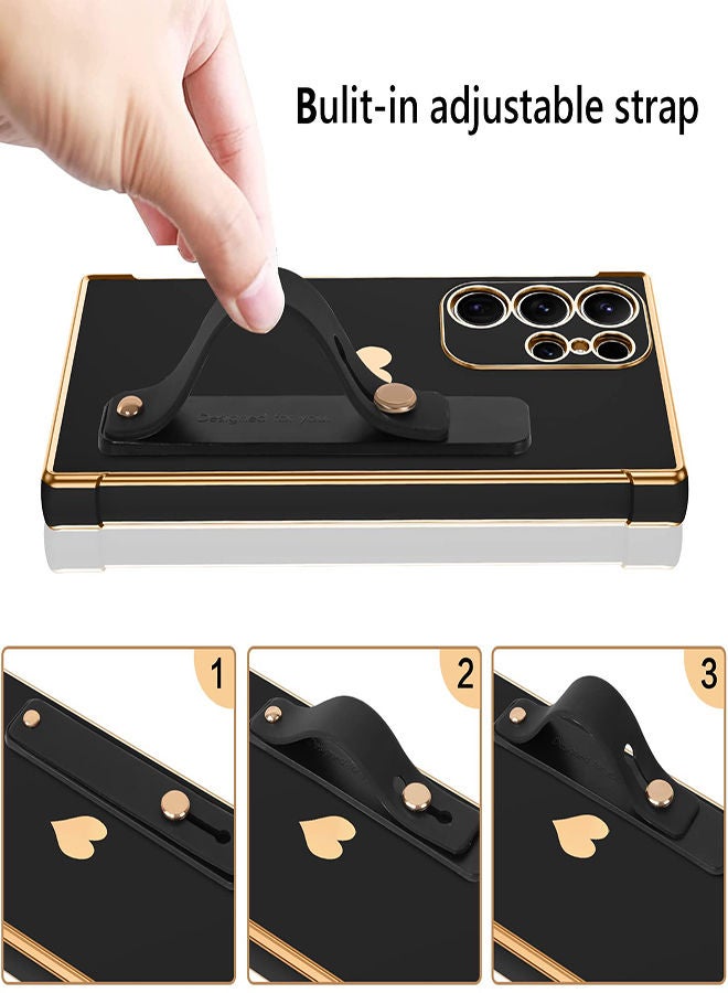 SYOSI For Samsung S23 Ultra Case Slim Cute Luxury Shockproof with Strap Heart Design Soft Bumper Women Men Girl Protective Phone Cover for Samsung Galaxy S23 Ultra 6.8 inch Wrist Strap Holder Black/Gold - Image 5