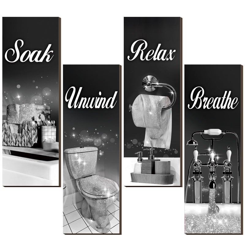 Honoson 4 Pcs Bathroom Decor Wall Art Farmhouse Bathroom Pictures Wall Decor Soak Unwind Relax Breathe Wood Hanging Sign for Home Spa LaundryBlack and Silver