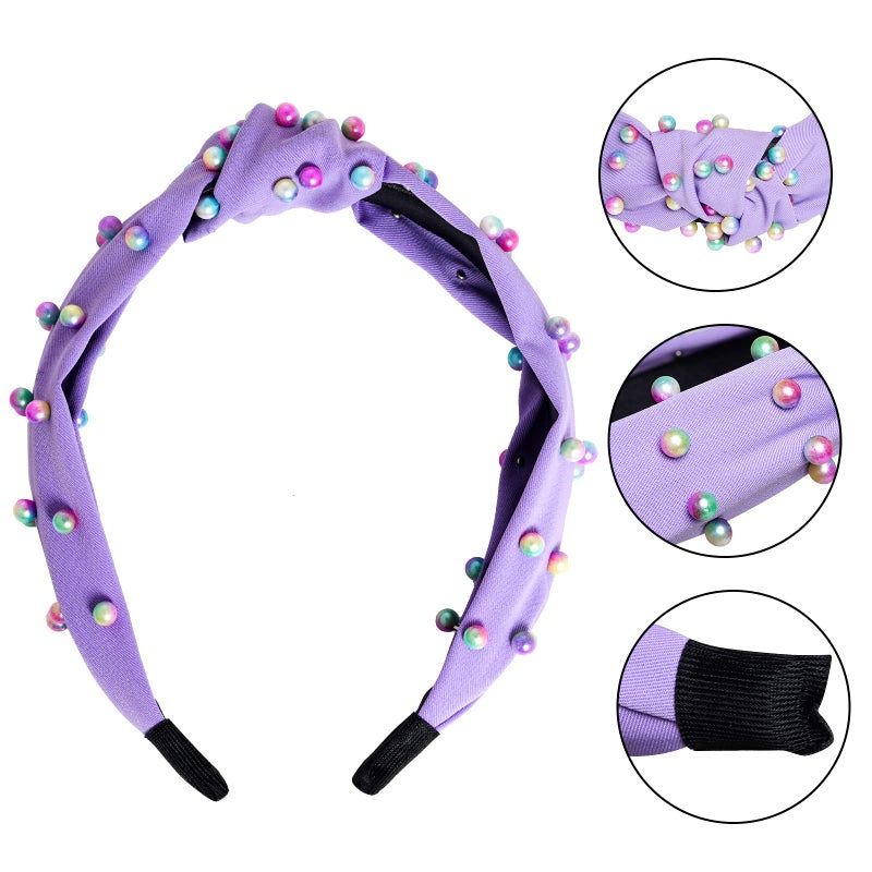 Sucrain 3 Pcs Pearl Knotted Headbands for Women Girls Colorful Jeweled Embellished Gem Faux Pearl Cross Knot Twisted Hairband Turban Headband Hair Accessories(Pink,Blue,Purple) - Image 3