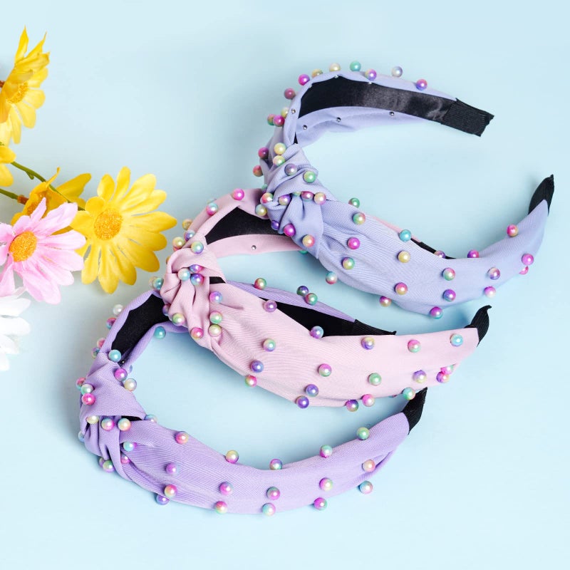 Sucrain 3 Pcs Pearl Knotted Headbands for Women Girls Colorful Jeweled Embellished Gem Faux Pearl Cross Knot Twisted Hairband Turban Headband Hair Accessories(Pink,Blue,Purple) - Image 4