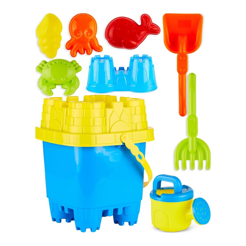 Prextex PREXTEX 10 Piece Beach Sand Toys Set for Kids  Bucket with Sifter Shovel Rake Watering Can 5 Animal and Castle Molds for Kids  Toddlers  Sand Buckets and Shovels for Children Beach Toy Set 