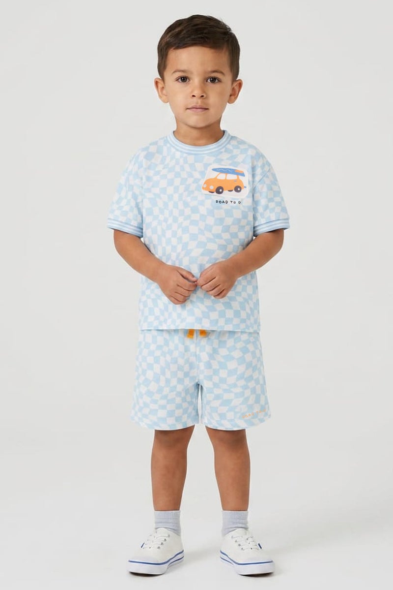 Lily & Jack Toddlers Boy 3 Pieces Checkered T-Shirt And Short With Sunglasses Set, LIght Blue - Image 1