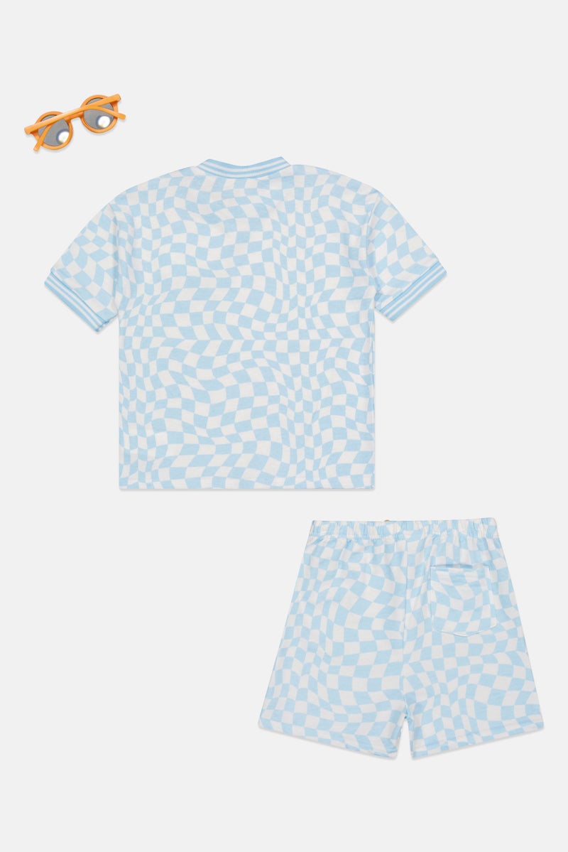 Lily & Jack Toddlers Boy 3 Pieces Checkered T-Shirt And Short With Sunglasses Set, LIght Blue - Image 3