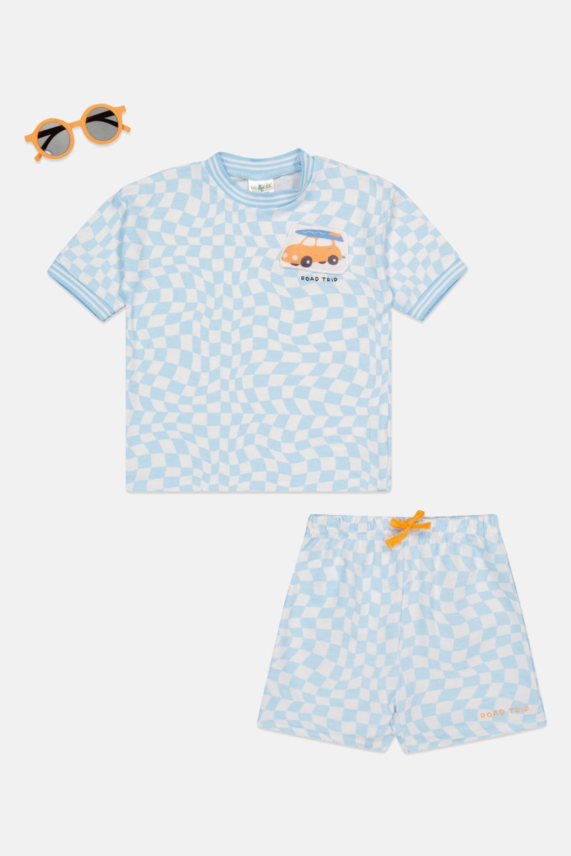 Lily & Jack Toddlers Boy 3 Pieces Checkered T-Shirt And Short With Sunglasses Set, LIght Blue - Image 2