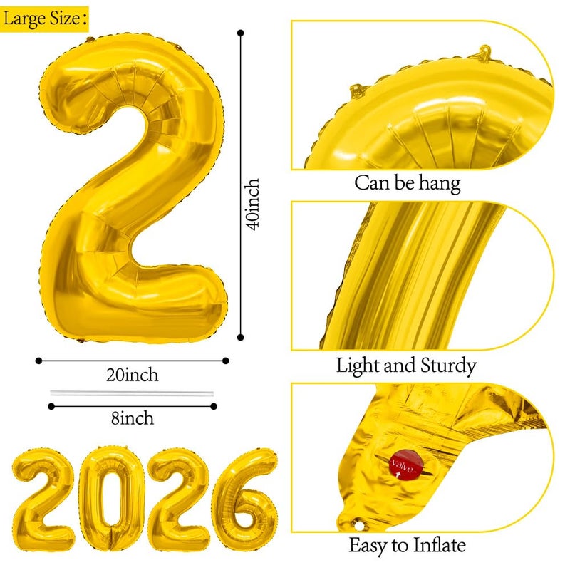 Libemskix 2026 Balloons, 40 Inch 2026 Number Balloons Gold 2026 Balloon Large Foil New Year Balloon Numbers 2026 Mylar Baloons for Birthday Christmas Graduation New Years Eve Party Supplies Decorations - Image 3