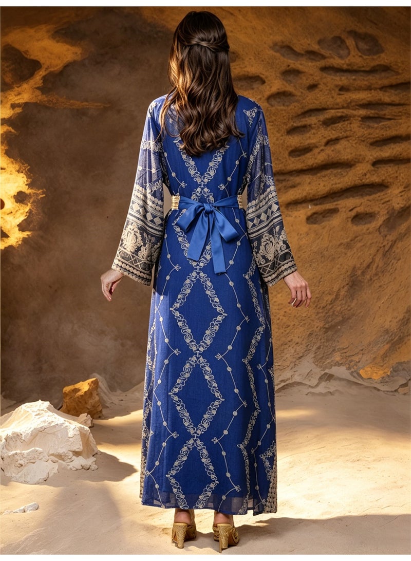 Kaiyuede Dubai Royal Blue Gold Embroidered Two-Piece Abaya Set | Long Sleeve Inner Dress + Belted Outer Abaya Opaque Lined Modest Dress for Eid & Wedding - Image 2