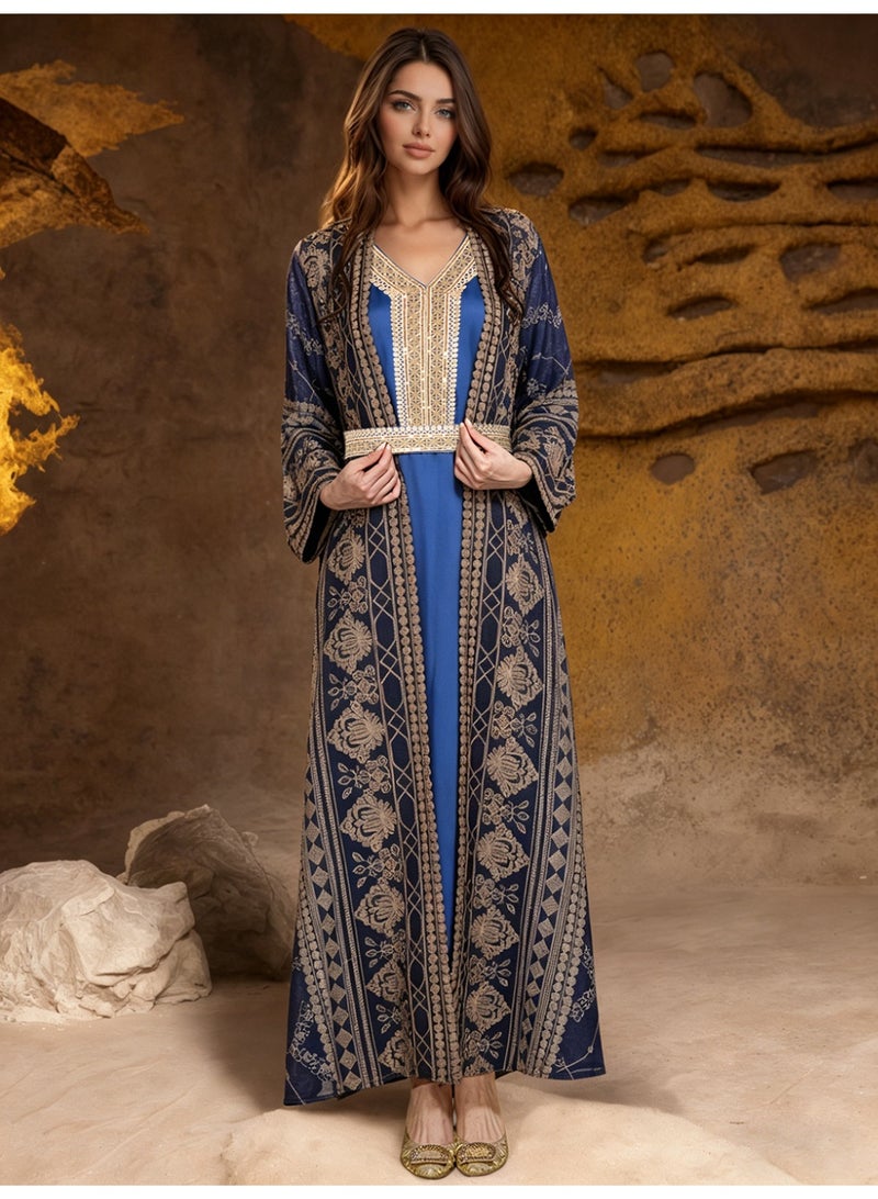Kaiyuede Dubai Royal Blue Gold Embroidered Two-Piece Abaya Set | Long Sleeve Inner Dress + Belted Outer Abaya Opaque Lined Modest Dress for Eid & Wedding - Image 1