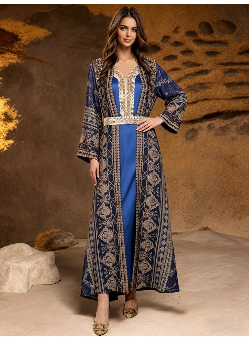 Kaiyuede Dubai Royal Blue Gold Embroidered Two-Piece Abaya Set | Long Sleeve Inner Dress + Belted Outer Abaya Opaque Lined Modest Dress for Eid & Wedding - Image 3