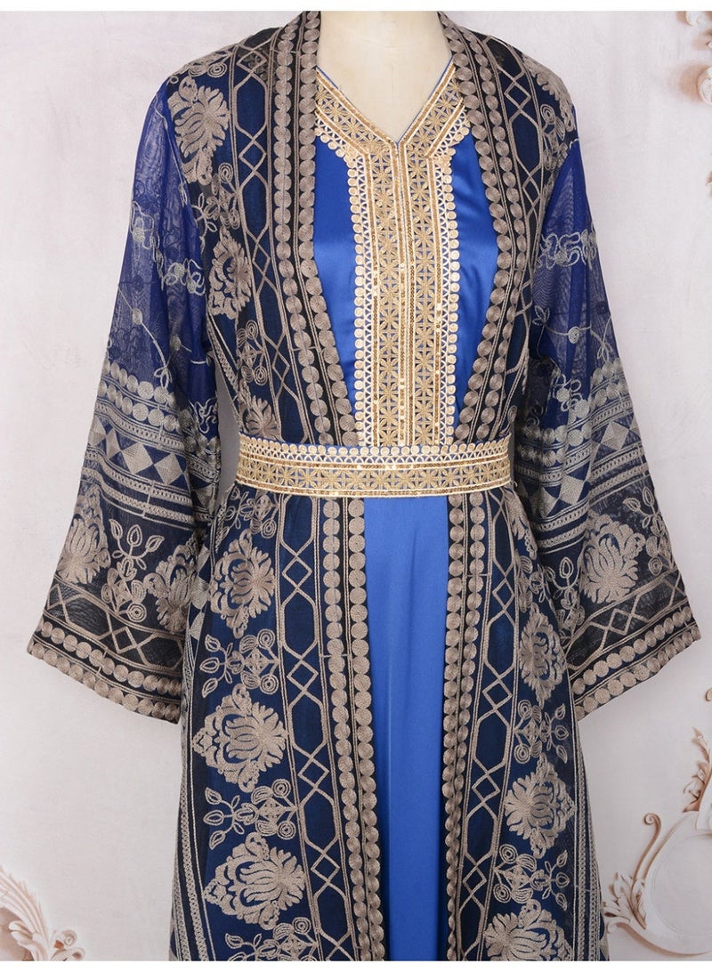Kaiyuede Dubai Royal Blue Gold Embroidered Two-Piece Abaya Set | Long Sleeve Inner Dress + Belted Outer Abaya Opaque Lined Modest Dress for Eid & Wedding - Image 4