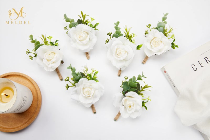 Meldel Ivory Rose Boutonniere for Men,Set of 6,Groom and Best Man Boutonnieres with Artificial Flower,for Wedding Ceremony Anniversary, Formal Dinner Party, Fall Vintage Rustic Marriage Prom - Image 3