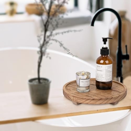 zoocatia Round Decorative Tray Wood Bathroom Counter Organizer Farmhouse Kitchen Decor Wooden Riser for Soap Dish, Perfume, Candle, Sponge, 9" - Brown - Image 5