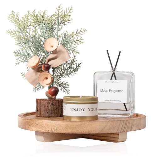 zoocatia Round Decorative Tray Wood Bathroom Counter Organizer Farmhouse Kitchen Decor Wooden Riser for Soap Dish, Perfume, Candle, Sponge, 9" - Brown - Image 1