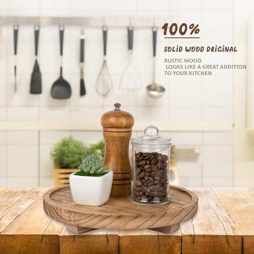 zoocatia Round Decorative Tray Wood Bathroom Counter Organizer Farmhouse Kitchen Decor Wooden Riser for Soap Dish, Perfume, Candle, Sponge, 9" - Brown - Image 2