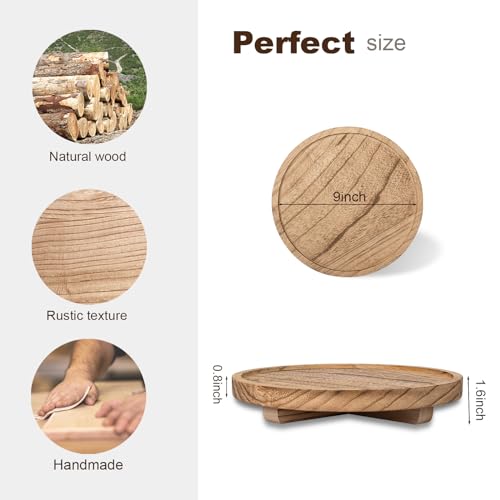 zoocatia Round Decorative Tray Wood Bathroom Counter Organizer Farmhouse Kitchen Decor Wooden Riser for Soap Dish, Perfume, Candle, Sponge, 9" - Brown - Image 3