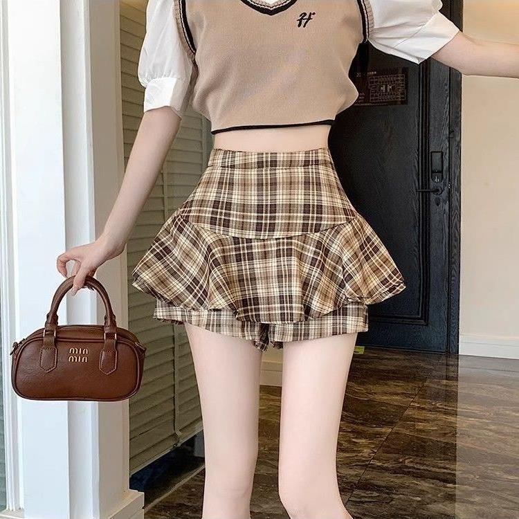 Plaid Skirt, Culottes, Short Skirt, A-Line Skirt, High Waist, Slimming Look, Fresh Summer Pure Desire Short Tutu Skirt - Image 2