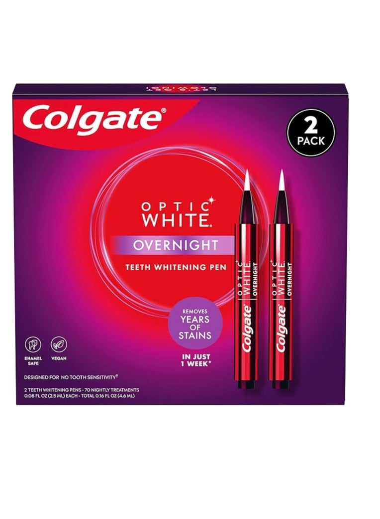 كولجيت قلم تبييض الاسنان اوبتيك وايت ليلي امن على المينا ونباتي ويزيل بقع الاسنان لتبييض الاسنان الحساسة بسعة 35 علاج ليلي لكل قلم 0.08 اونصة من قطعتين من كولجيت - Image 1