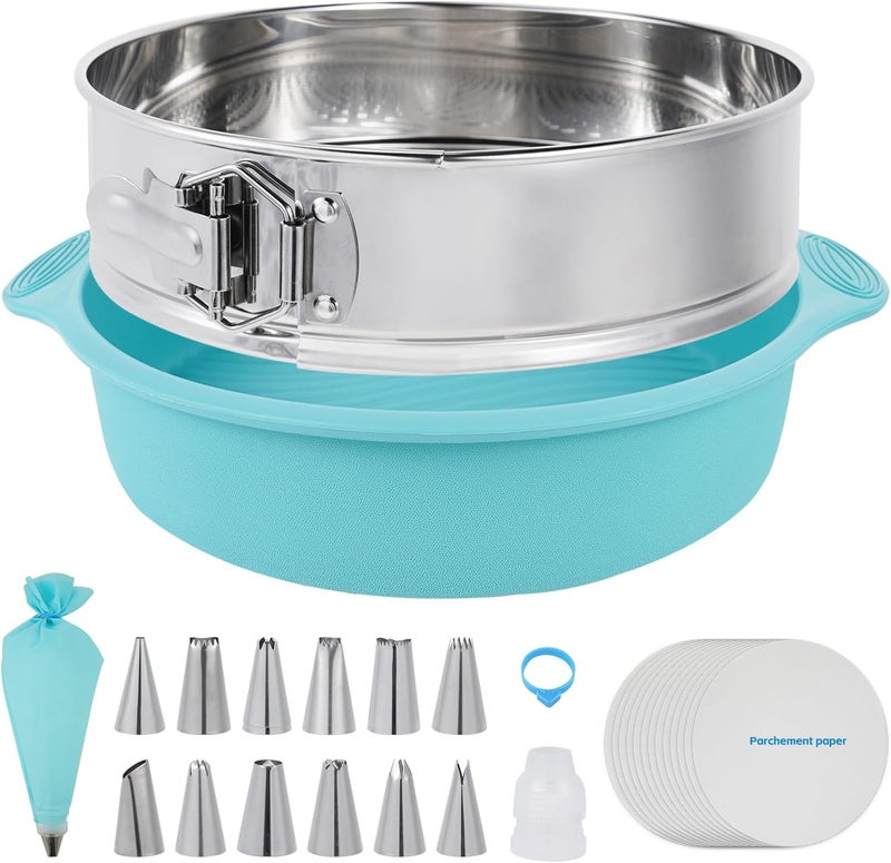 Aufind Springform Cake Pan 9 Inch, 304 Stainless Steel Baking Pan with Removable Bottom, Leakproof Nonstick Design Includes 12 Piping Tips, Silicone Mold and 50 Parchment Papers (9" Cake pan) - Image 1
