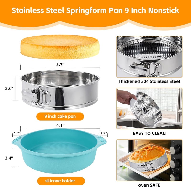 Aufind Springform Cake Pan 9 Inch, 304 Stainless Steel Baking Pan with Removable Bottom, Leakproof Nonstick Design Includes 12 Piping Tips, Silicone Mold and 50 Parchment Papers (9" Cake pan) - Image 4