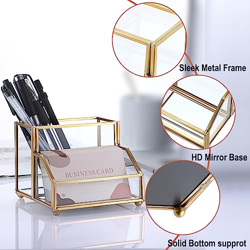 Hipiwe Glass Business Card Holder Stand with PenPencil Organizer Gold Business Name Cards Display Holder for Home Office Desktop Countertop 2 Slots - Image 3