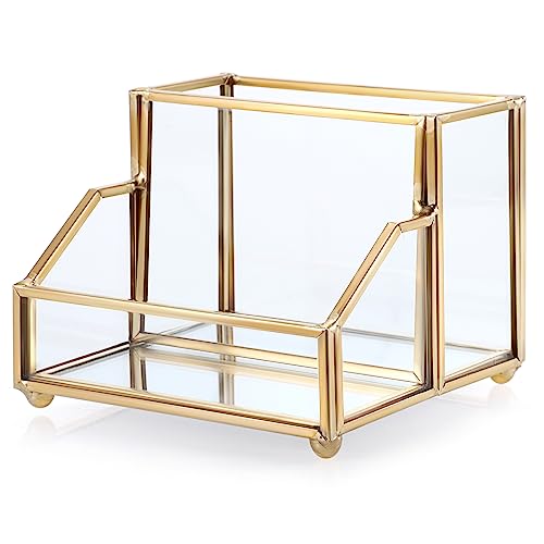 Hipiwe Glass Business Card Holder Stand with PenPencil Organizer Gold Business Name Cards Display Holder for Home Office Desktop Countertop 2 Slots - Image 1