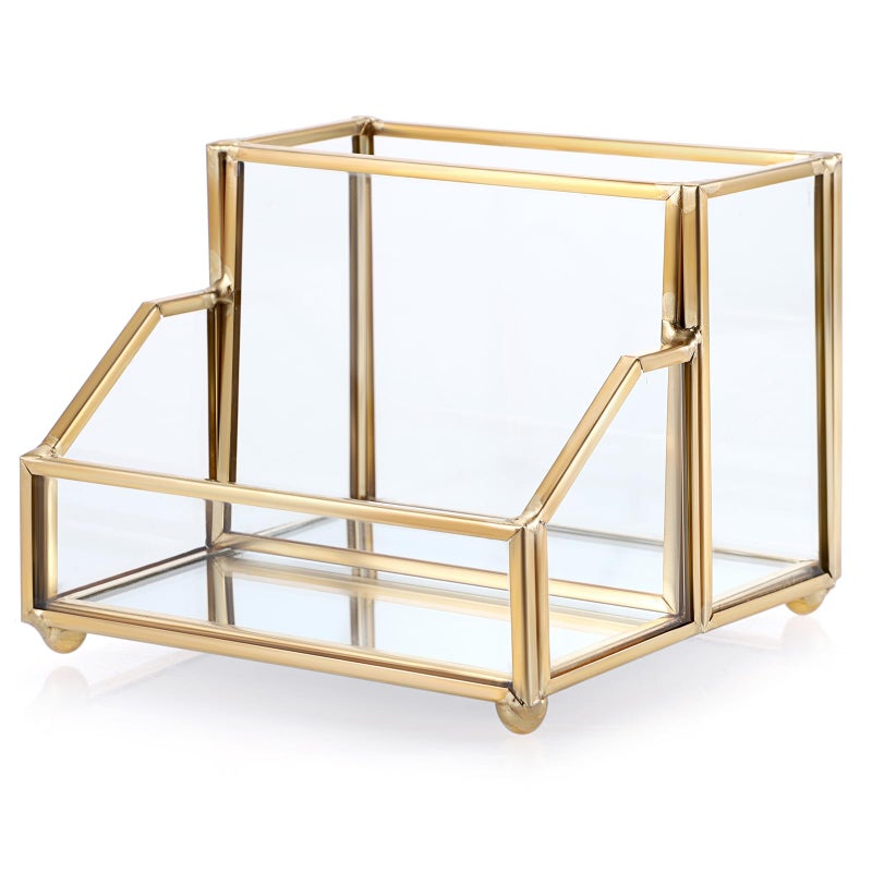 Hipiwe Glass Business Card Holder Stand with PenPencil Organizer Gold Business Name Cards Display Holder for Home Office Desktop Countertop 2 Slots - Image 2