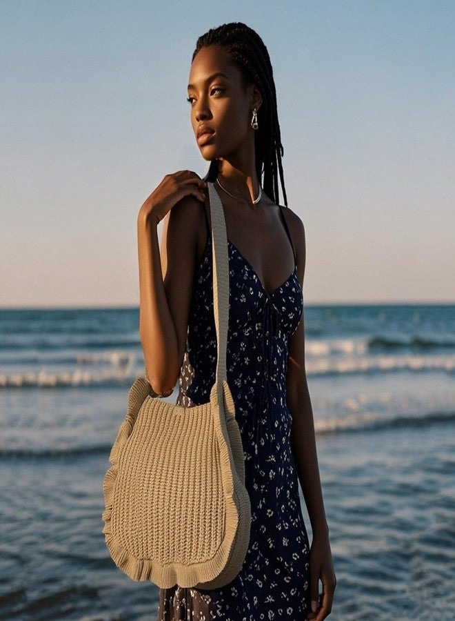 ENBEI Women's Crochet Tote Bag Knit Shoulder bag, Beach Bag, Cute Eco-Friendly Handmade Tote for Shopping, Travel, Daily Use (khaki-A) - Image 3