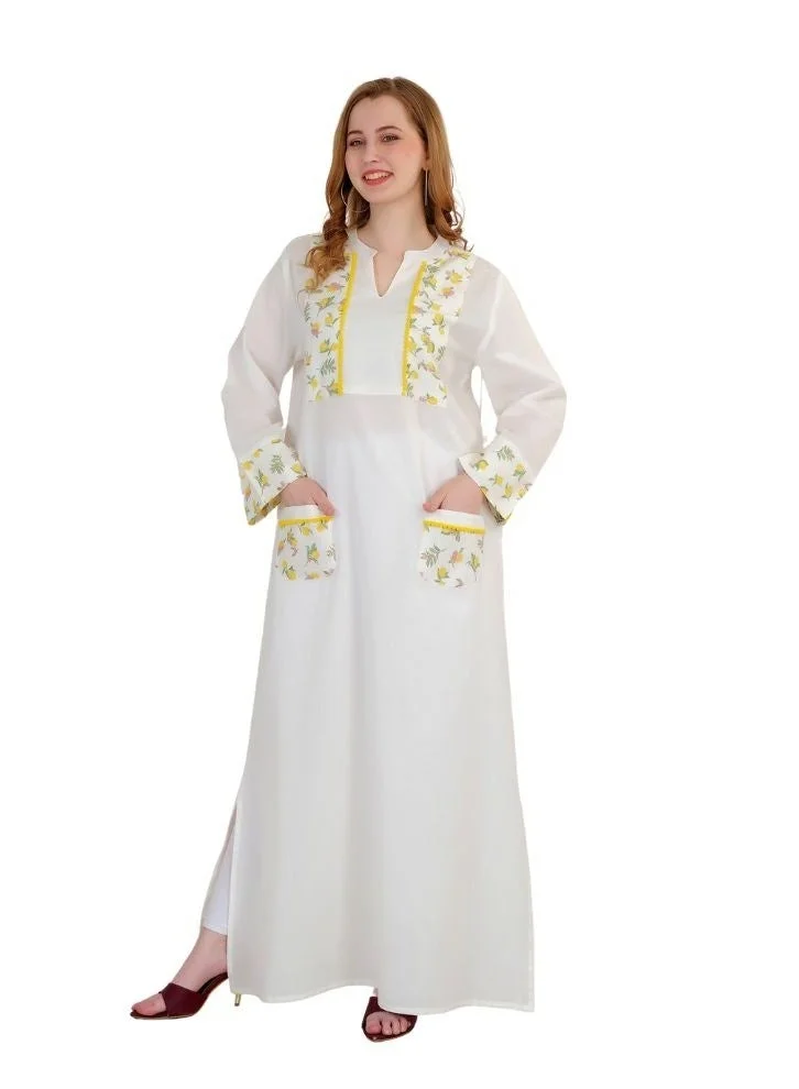 أرتيميا قماش قطني فاخر بمظهر كتان مطبوع مع ياقة وجيوب بتفاصيل دانتيل