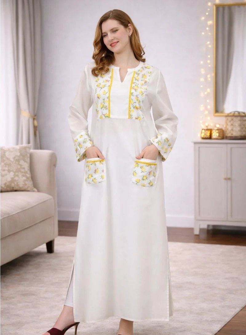 أرتيميا SOFT PREMIUM LINEN FABRIC WITH PRINTED YOKE AND POCKETS WITH LACE DETAILS