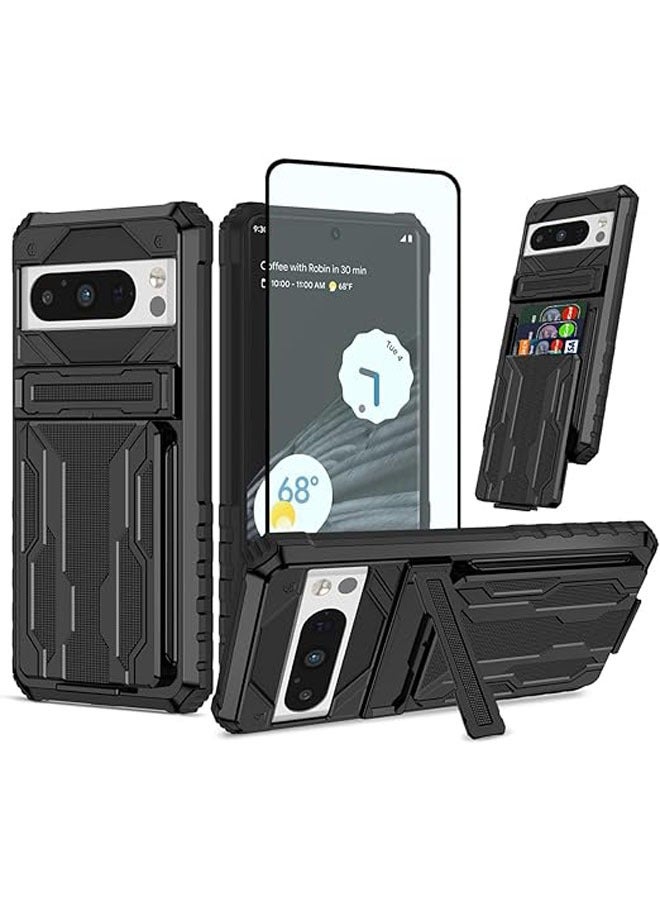 عام لحافظة هاتف Google Pixel 8 Pro، هي حافظة محفظة مع واقي شاشة مدمج، وتحتوي على حامل بطاقات مدمج وحامل مدمج، وتوفر حماية من الصدمات. اللون الأسود. - Image 1