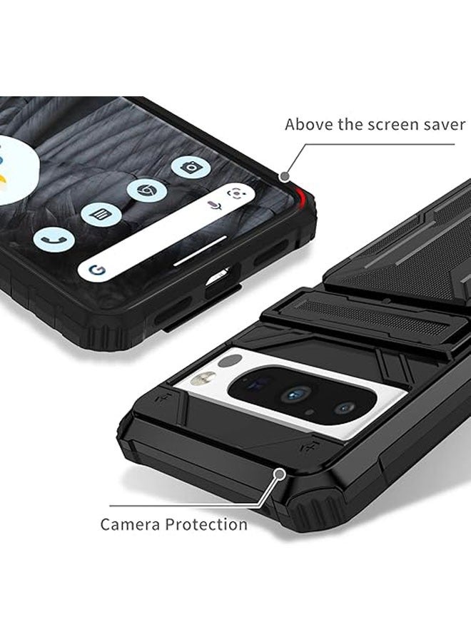 عام لحافظة هاتف Google Pixel 8 Pro، هي حافظة محفظة مع واقي شاشة مدمج، وتحتوي على حامل بطاقات مدمج وحامل مدمج، وتوفر حماية من الصدمات. اللون الأسود. - Image 3