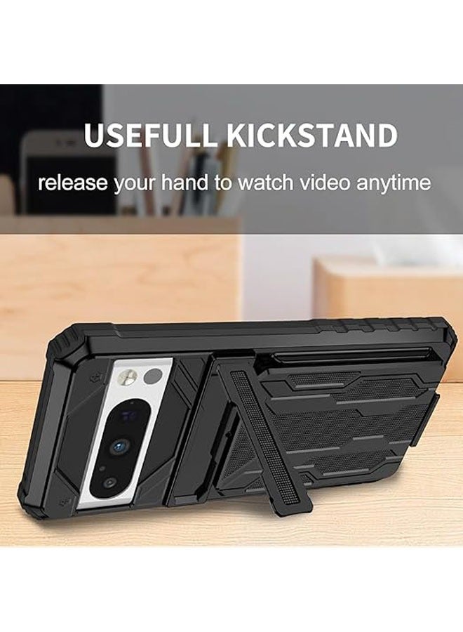 عام لحافظة هاتف Google Pixel 8 Pro، هي حافظة محفظة مع واقي شاشة مدمج، وتحتوي على حامل بطاقات مدمج وحامل مدمج، وتوفر حماية من الصدمات. اللون الأسود. - Image 4