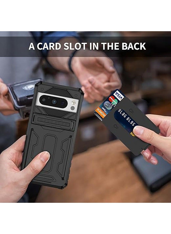 عام لحافظة هاتف Google Pixel 8 Pro، هي حافظة محفظة مع واقي شاشة مدمج، وتحتوي على حامل بطاقات مدمج وحامل مدمج، وتوفر حماية من الصدمات. اللون الأسود. - Image 5