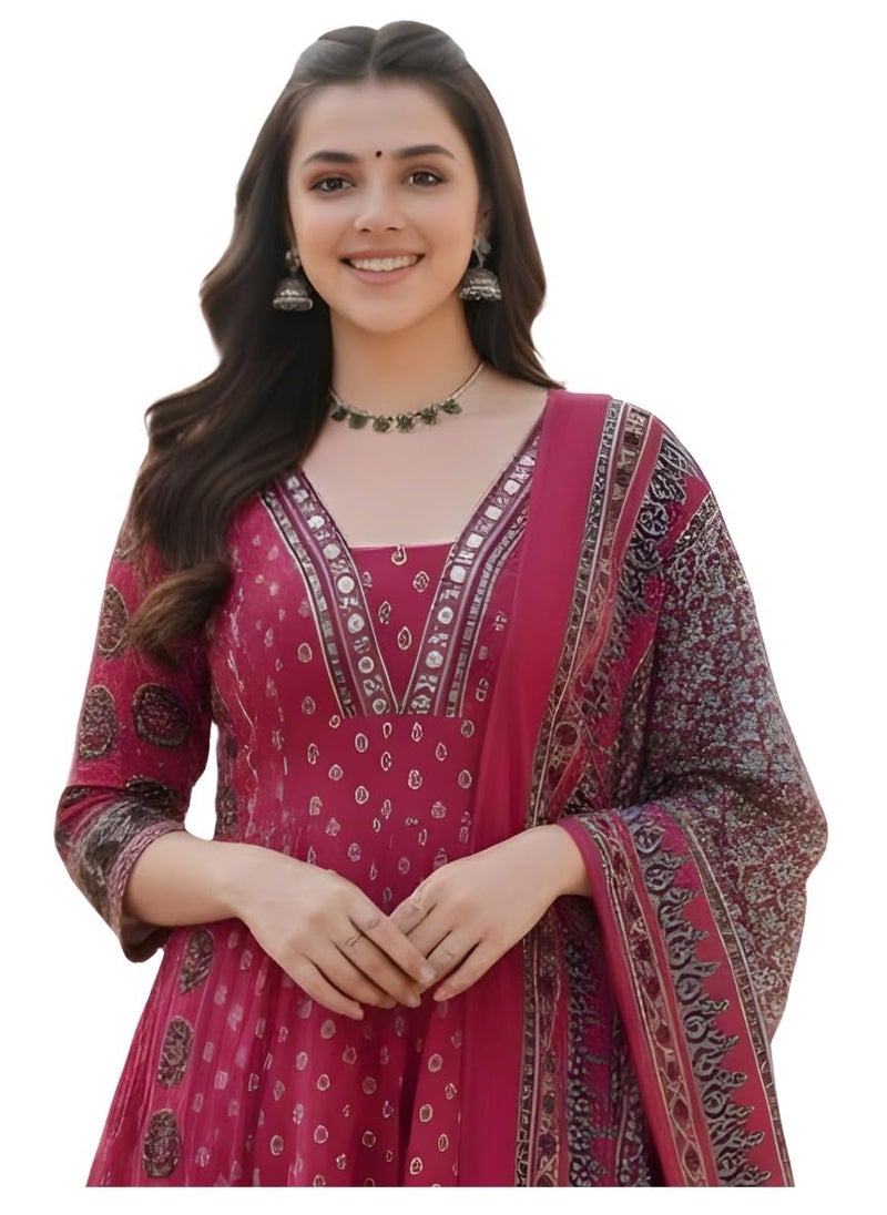 ANNI Designer Women's Rayon Viscose Printed Anarkali Kurta Palazzo with Dupatta (NAKULA Pink-VKS03_XL_Pink_X-Large) - Image 1