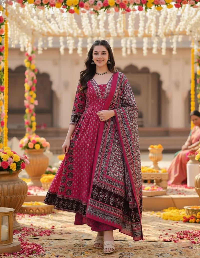 ANNI Designer Women's Rayon Viscose Printed Anarkali Kurta Palazzo with Dupatta (NAKULA Pink-VKS03_XL_Pink_X-Large) - Image 4
