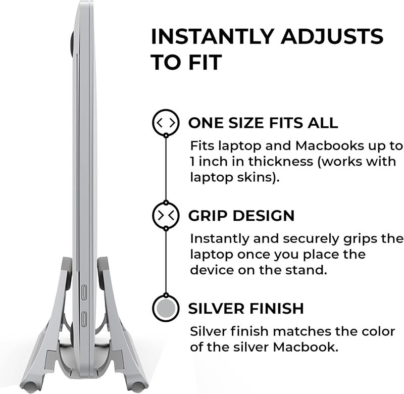 HumanCentric Vertical Laptop Stand for Desks in Silver Color, Upright Adjustable Holder to Dock Apple MacBook Stand, and Other Laptops to Organize Work & Home Office, Automatic Grip - Image 4